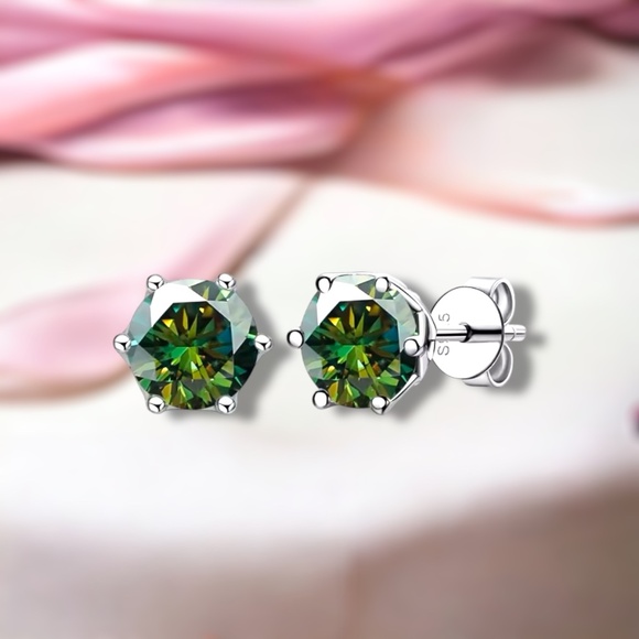 Dark Green Moissanite Stud Earrings in Sterling Silver 925  , Top Grade VVS - Picture 4 of 7